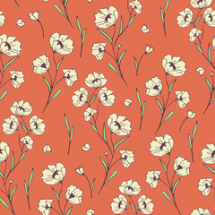 Wall Mural - Seamless vector pattern with vintage flower meadow on orange background. Simple hand drawn flower wallpaper design. Decorative rustic bloom fashion textile.