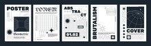 Modern Brutalism Style Posters With Geometric Shapes And Abstract Forms. Trendy Minimalist Monochrome Print With Simple Figures And Swiss Graphic Elements, Vector Poster Template Set