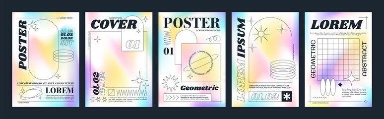 Leinwandbilder - Trendy brutalism style posters with geometric shapes and gradient background. Modern minimalist monochrome print with simple figures and abstract graphic elements, vector poster template set