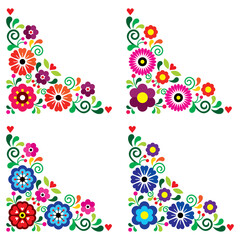 Poster - Mexican floral corners vector design set of four, retro folk art pattern collection inspired by traditional embroidery from Mexico
 