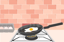 Scrambled Eggs Are Fried In A Pan On A Gas Stove In The Morning For Breakfast