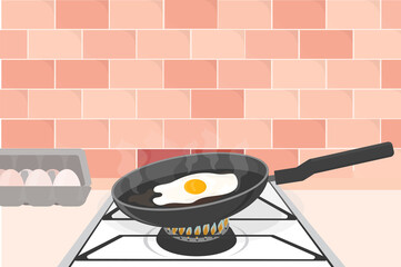 scrambled eggs are fried in a pan on a gas stove in the morning for breakfast