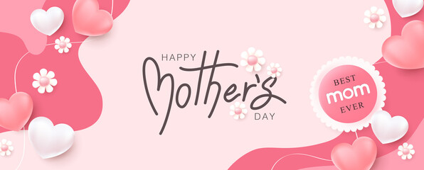 Wall Mural - mothers day banner background layout heart shaped balloons and flower with copy space