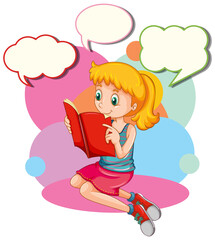 Poster - Girl reading book and many speech bubbles