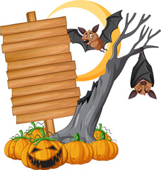 Sticker - Blank wooden signboard with bat in halloween theme