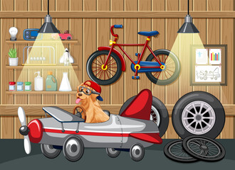 Wall Mural - Dogs driving car in garage