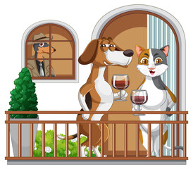 Wall Mural - Cartoon dog and cat sipping wine