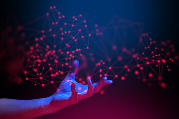 Wall Mural - hand with social data netowork floating, ai information of internet of things, hold the global syste