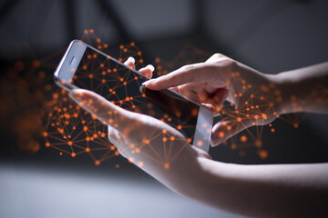 Wall Mural - finger girl with hand touch screen on technology smartphone for business social network connect to p