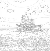 Funny Retro Paddle Passenger Steamboat With Large Wheels Attached To Its Sides, Black And White Vector Cartoon Illustration For A Coloring Book Page