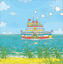 Funny Retro Paddle Passenger Steamboat With Large Wheels Attached To Its Sides Floating On A Large Lake On A Summer Day, Vector Cartoon Illustration