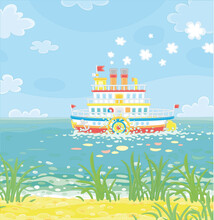 Funny Retro Paddle Passenger Steamboat With Large Wheels Attached To Its Sides Floating On A Large Lake On A Summer Day, Vector Cartoon Illustration Isolated On A White Background