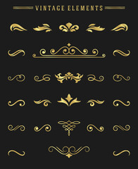 Vintage ornaments vignettes set floral elements for design invitations greeting cards, menu frames, and luxury logos. Vector illustration golden color style.