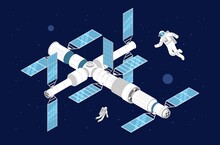Space Station Isometric Illustration In Space Near Planets And Stars