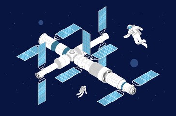 space station isometric illustration in space near planets and stars