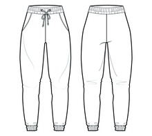 Men's Joggers, Women Joggers, Unisex Joggers Front And Back View. Fashion Illustration, Vector, CAD, Technical Drawing, Flat Drawing.