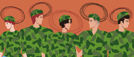 Group of military people, PTSD in soldier in military uniform, flat vector stock illustration with mental disorder