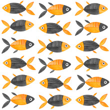 Seamless Repeatable Pattern Of Funny Fishes In Sunny Orange, Graphic Gray And Black Colours. Hand Painted Watercolour Illustration For Creative Design, Package, Fabric, Banner, Poster, Home Decor.