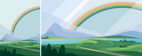 Wall Mural - Landscape with mountains and rainbow. Natural scenery in different formats.