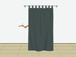 Female character with a hanger in a fitting room behind a closed curtain