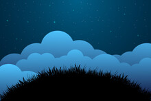Night Sky With Stars And Moon. Paper Art Style. Dreamy Background With Moon Stars And Clouds, Abstract Fantasy Background. Half Moon, Stars And Clouds On The Dark Night Sky Background.