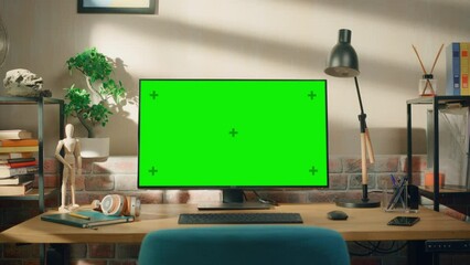 Fototapete - Desktop Computer Monitor Standing on a Table with a Green Screen Chromakey Mock Up Display. Cozy Empty Loft Apartment with a Lamp, Notebooks and Smartphone on the Table. Zoom In Shot.