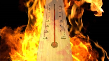 animation of burning flames over thermometer with temperature rising