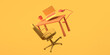 Cartoon work office with laptop, chair, and coffee cup. Freelance. 3D illustration. Copy space.
