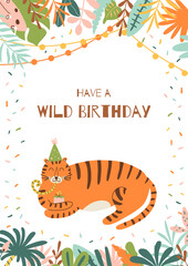 Jungle party card. Tiger wild birthday party postcard. Jungle palm leaves frame. Wild party template with cute tiger in hat. Wild party graphic design. Summer tropical vector illustration.