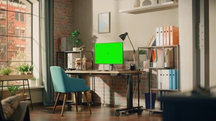 Fototapete - Desktop Computer Monitor Standing on Height Adjustable Desk with a Green Screen Chromakey Mock Up Display. Cozy Empty Loft Apartment with a Lamp, Notebooks and Smartphone on the Table. Wide Shot.