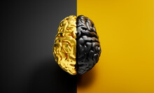Black And Golden Human Brain On Black And Golden Background With Copy Space - 3D Illustration
