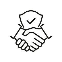 Handshake and shield line icon. International agreement concept with check mark. World partnership linear symbol. Vector isolated on white.