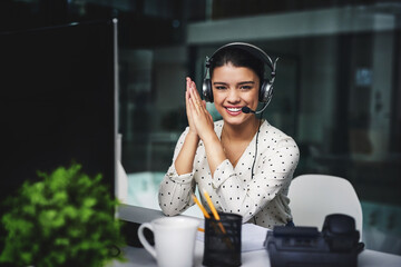 Sticker - Lets see who I can help today.... Cropped portrait of an attractive young businesswoman working late in a call center.