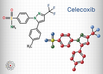 Canvas Print - Celecoxib molecule. It is COX-2 inhibitor and nonsteroidal anti-inflammatory drug (NSAID. Structural chemical formula, molecule model. Sheet of paper in a cage.