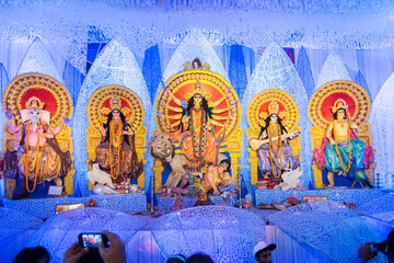 KOLKATA , INDIA - OCTOBER 21, 2015 : Beautiful interior of decorated Durga Puja pandal, at Kolkata, West Bengal, India. Durga Puja is biggest religious festival of Hinduism.