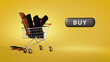 3d illustration of shopping cart full of skateboards and button buy.
