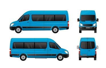 Wall Mural - Blue passenger minibus, front, rear, right, left view. Urban transport.
