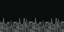 Black Horizontal Seamless Pattern With City Buildings. Black And White Background