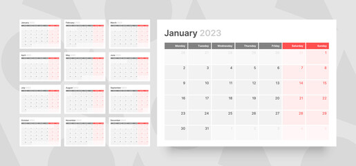 Monthly calendar template for 2023 year. Week Starts on Monday. Wall calendar in a minimalist style. 