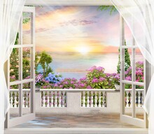 Beautiful View From The Window To The Sea And The Blooming Garden. Digital Mural