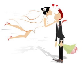 Sticker - Married wedding couple illustration. 
Heart symbols. Pretty woman in the white dress and wedding veil in love rushes to kiss a bridegroom with bunch of flowers at his hand isolated on white background