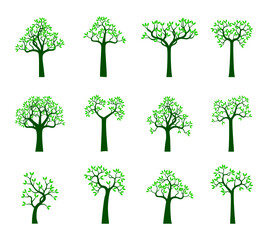 Sticker - Set green Trees. Vector outline Illustration.