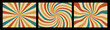 Groovy radial rays background. Retro 70s Hypnosis optical illusion, spinning stripes and spiral burst vector background set