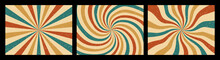 Groovy Radial Rays Background. Retro 70s Hypnosis Optical Illusion, Spinning Stripes And Spiral Burst Vector Background Set