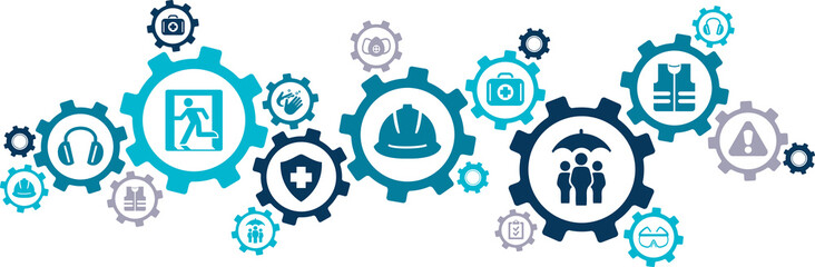 health & safety vector illustration. blue concept with icons related to industrial accident preventi