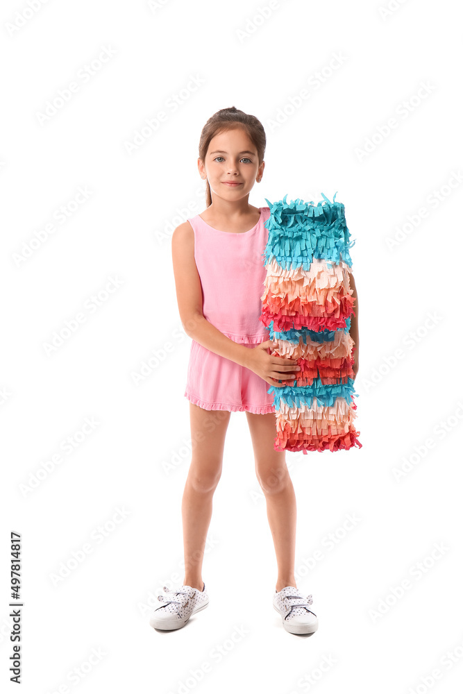 Little girl with Mexican pinata on white background
