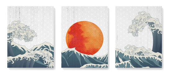 Wall Mural - Oriental art background with ocean or sea waves and red sun. Japanese style poster set for decor, interior design, wallpaper, packaging
