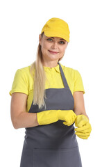 Poster - Worker of cleaning service putting on rubber gloves against white background