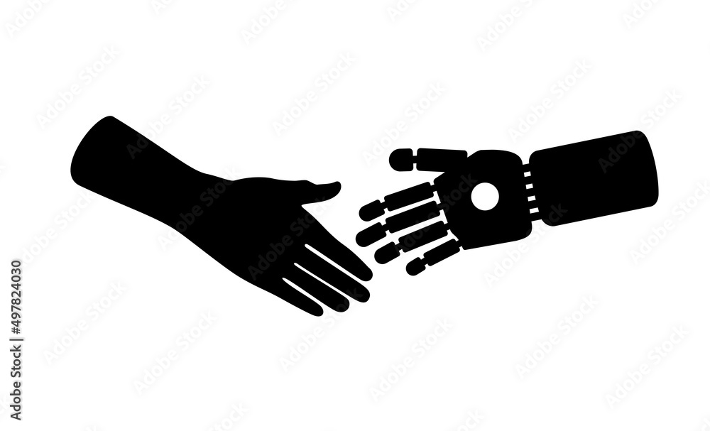 Male hand shaking robot hand, new high technology