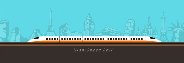 Wall Mural - High speed bullet train coming out, modern flat design, background is landmarks of the world